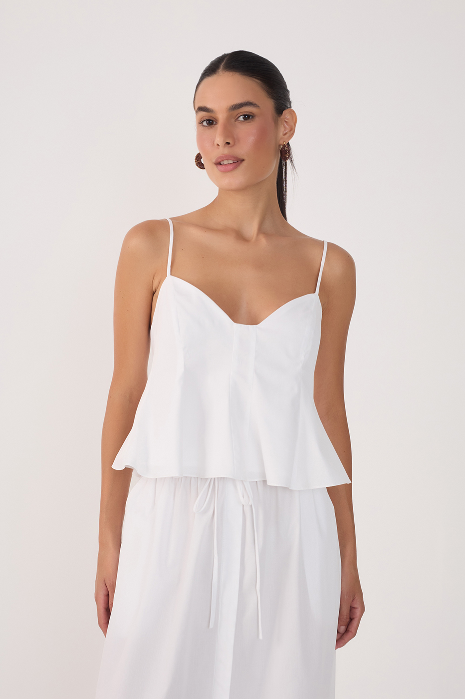 White V Neck Sleeveless Cotton Peplum Top