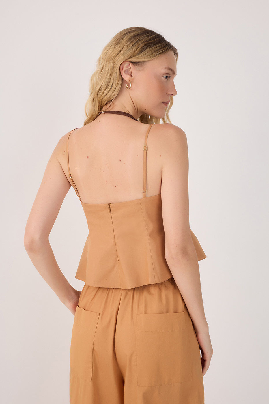 Beige V Neck Sleeveless Cotton Peplum Top