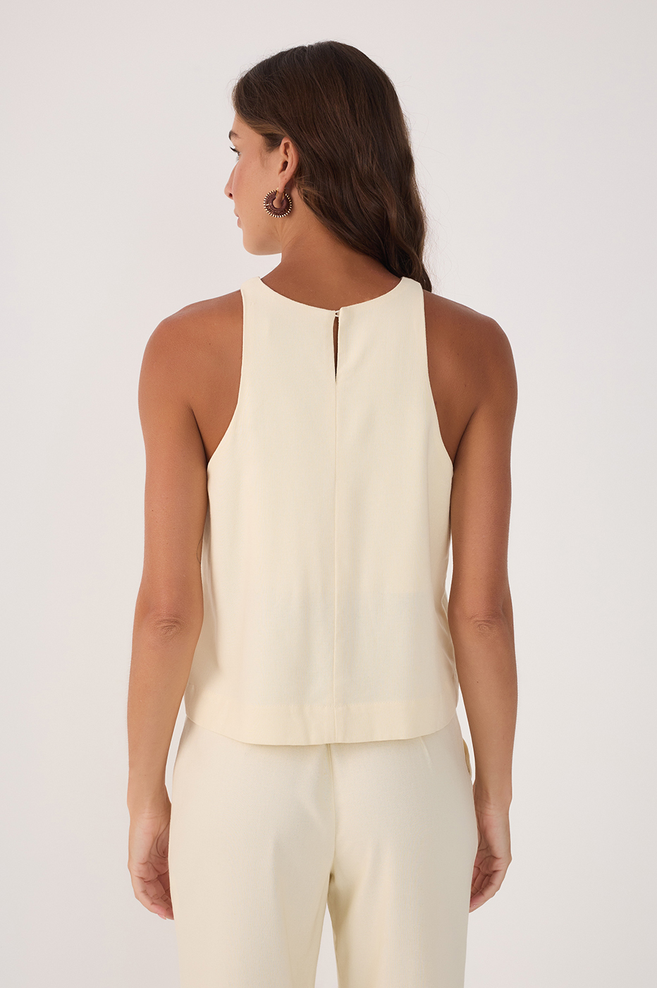 Beige Crew Neck Sleeveless Linen Blouse