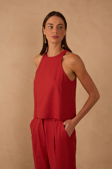 Red Crew Neck Sleeveless Linen Blouse