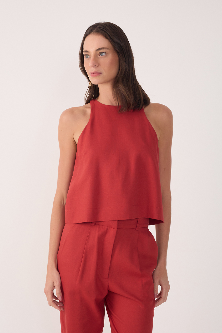 Red Crew Neck Sleeveless Linen Blouse