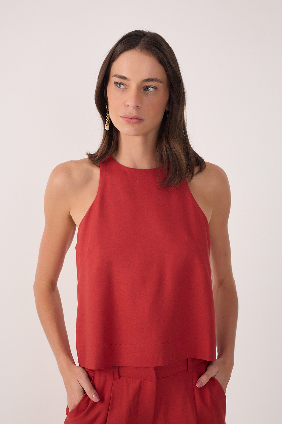 Red Crew Neck Sleeveless Linen Blouse