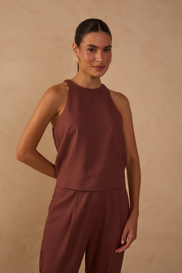 Brown Crew Neck Sleeveless Linen Blouse