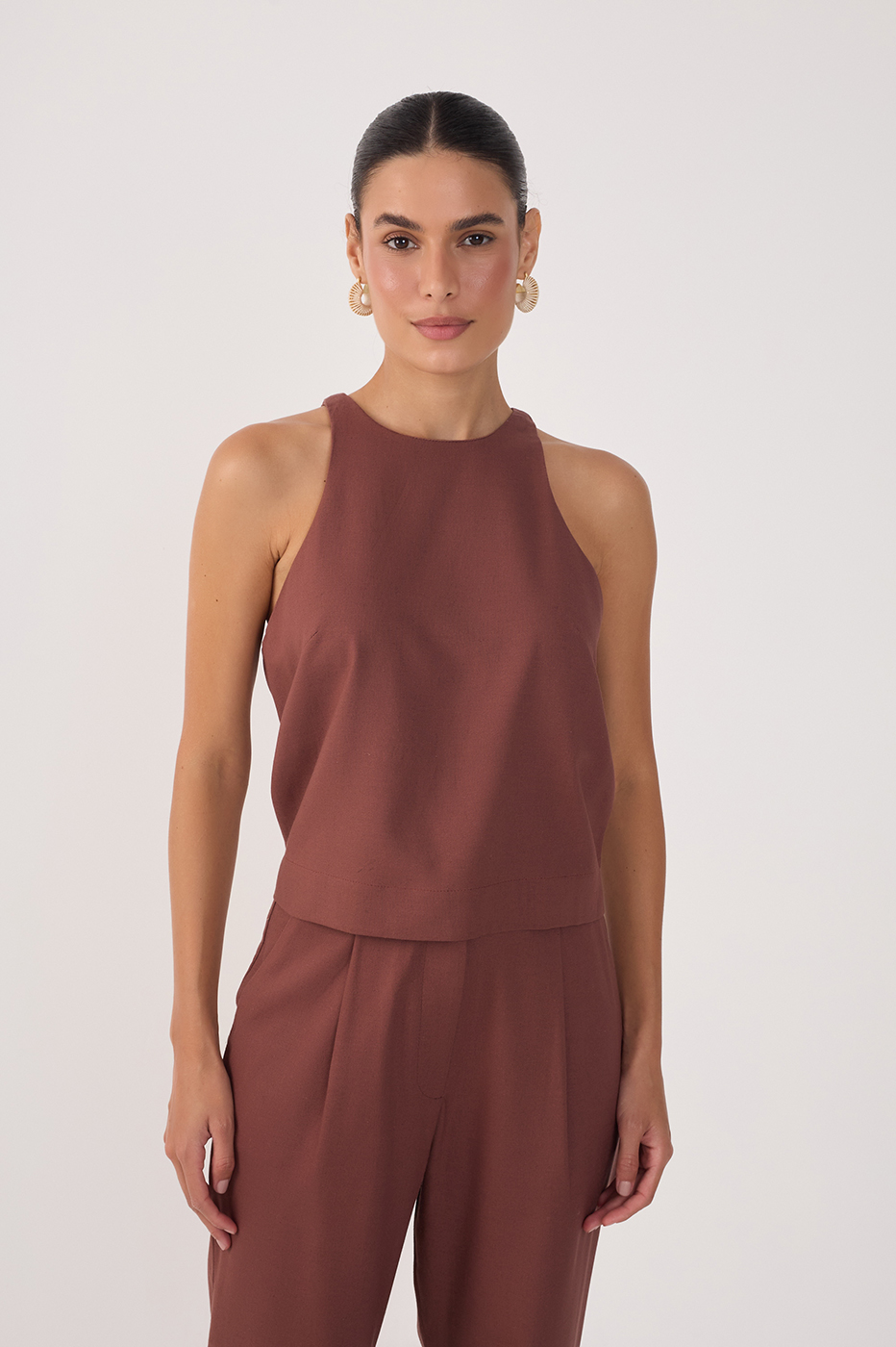 Brown Crew Neck Sleeveless Linen Blouse