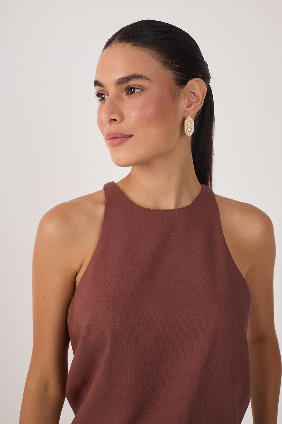 Brown Crew Neck Sleeveless Linen Blouse