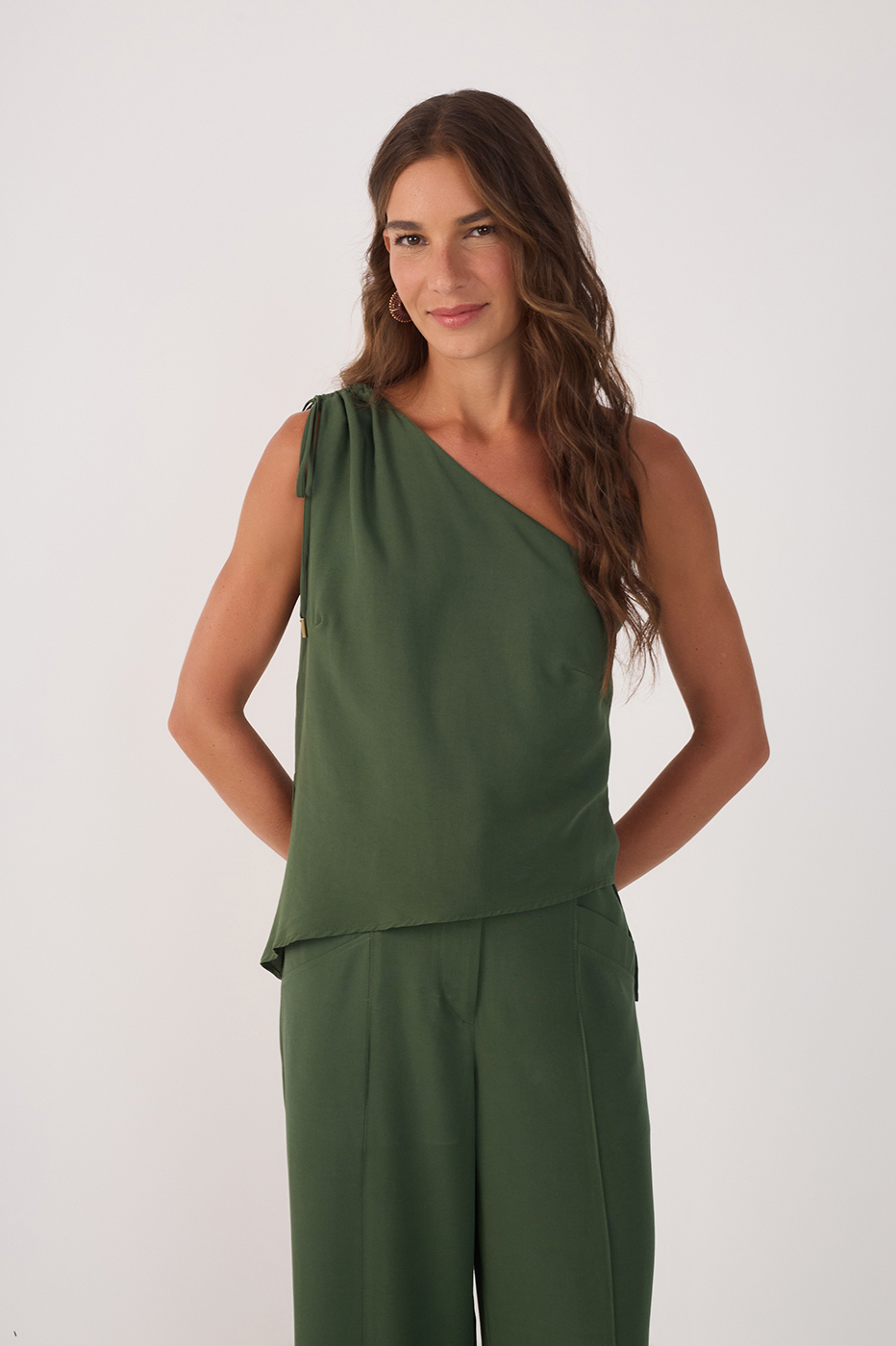 Green Asymmetric One-Shoulder Ties Blouse