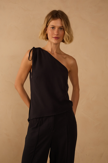 Black Asymmetric One-Shoulder Ties Blouse