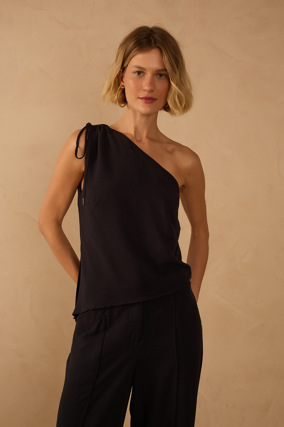 Black Asymmetric One-Shoulder Ties Blouse
