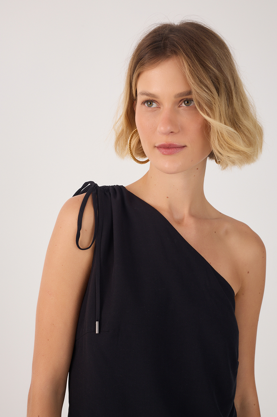Black Asymmetric One-Shoulder Ties Blouse