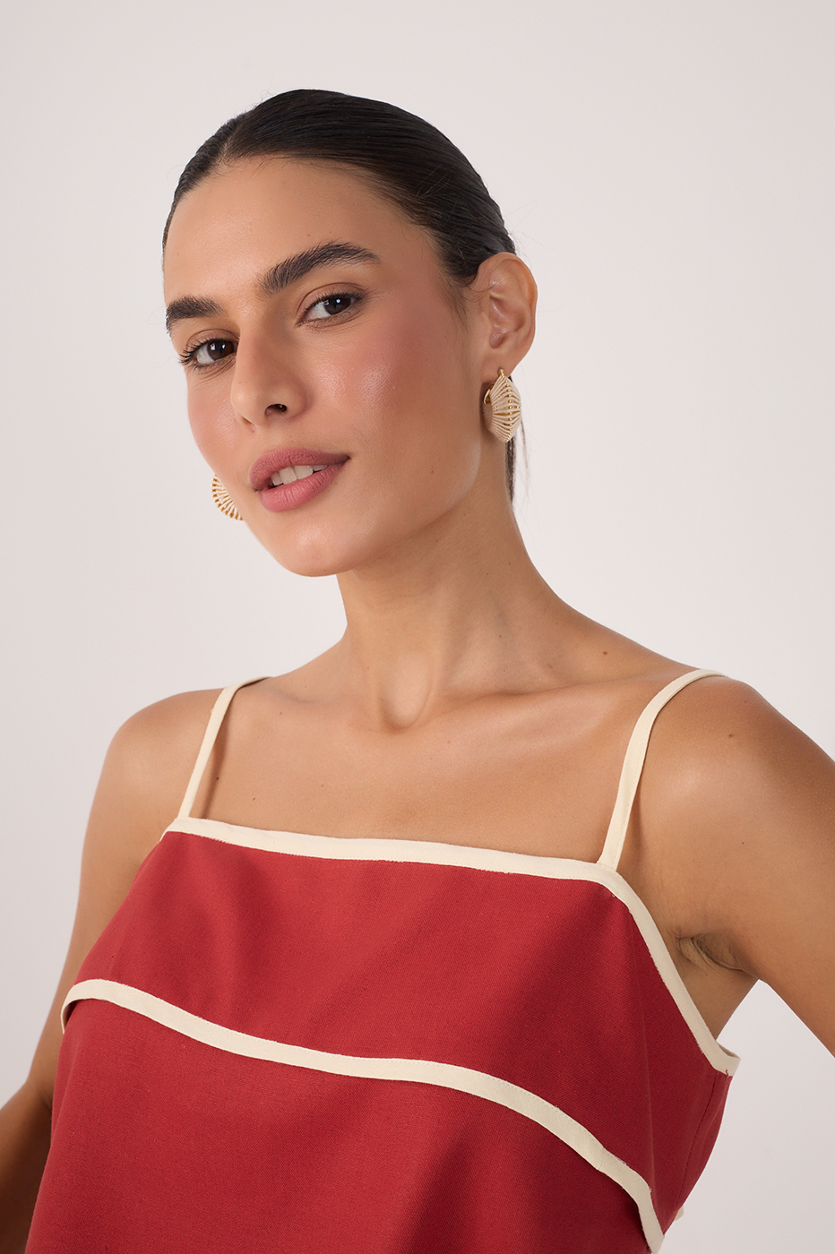 Red Square Neck Back Button Crop Top
