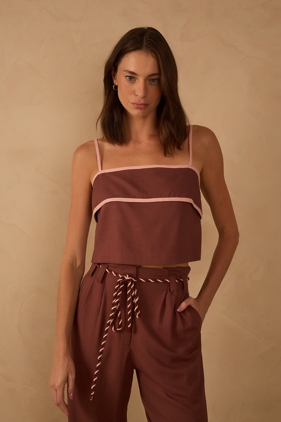 Brown Square Neck Back Button Crop Top