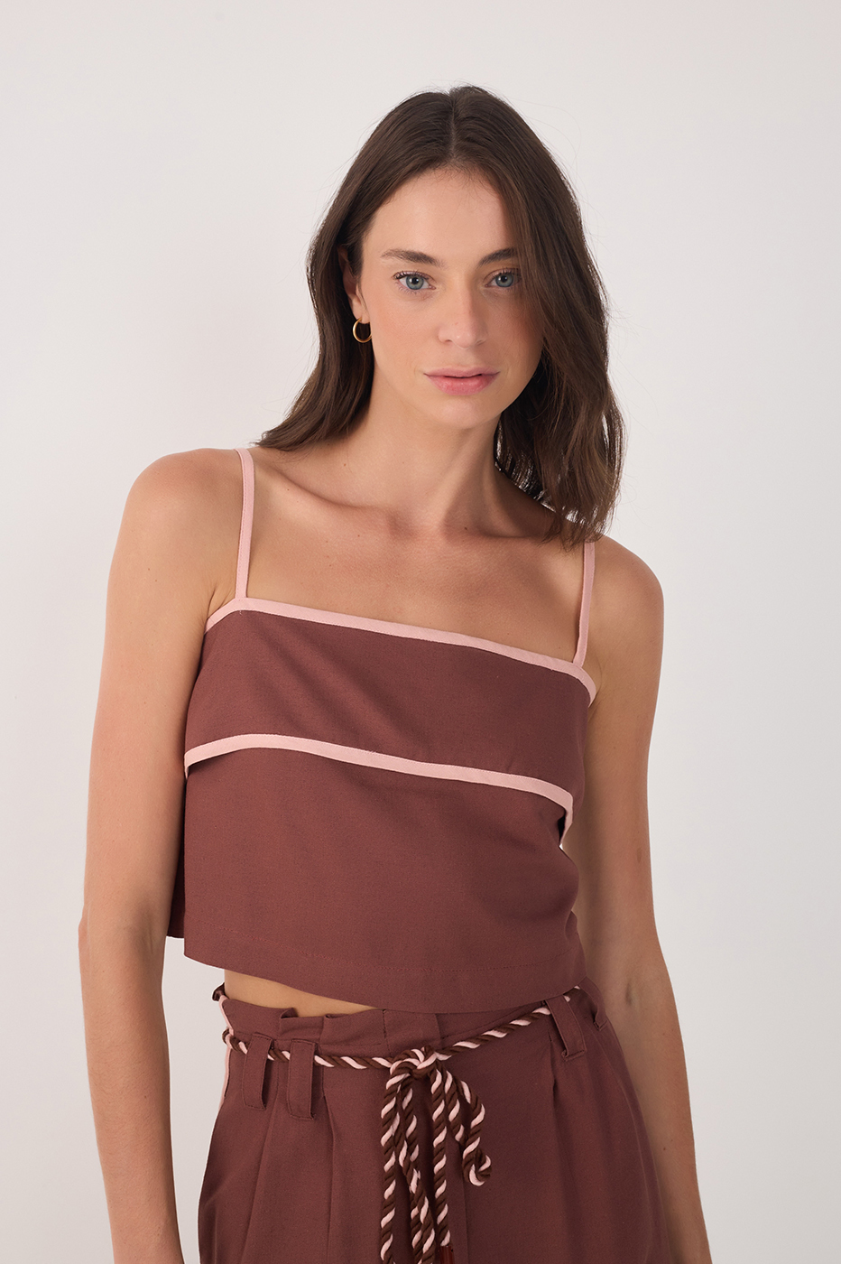 Brown Square Neck Back Button Crop Top
