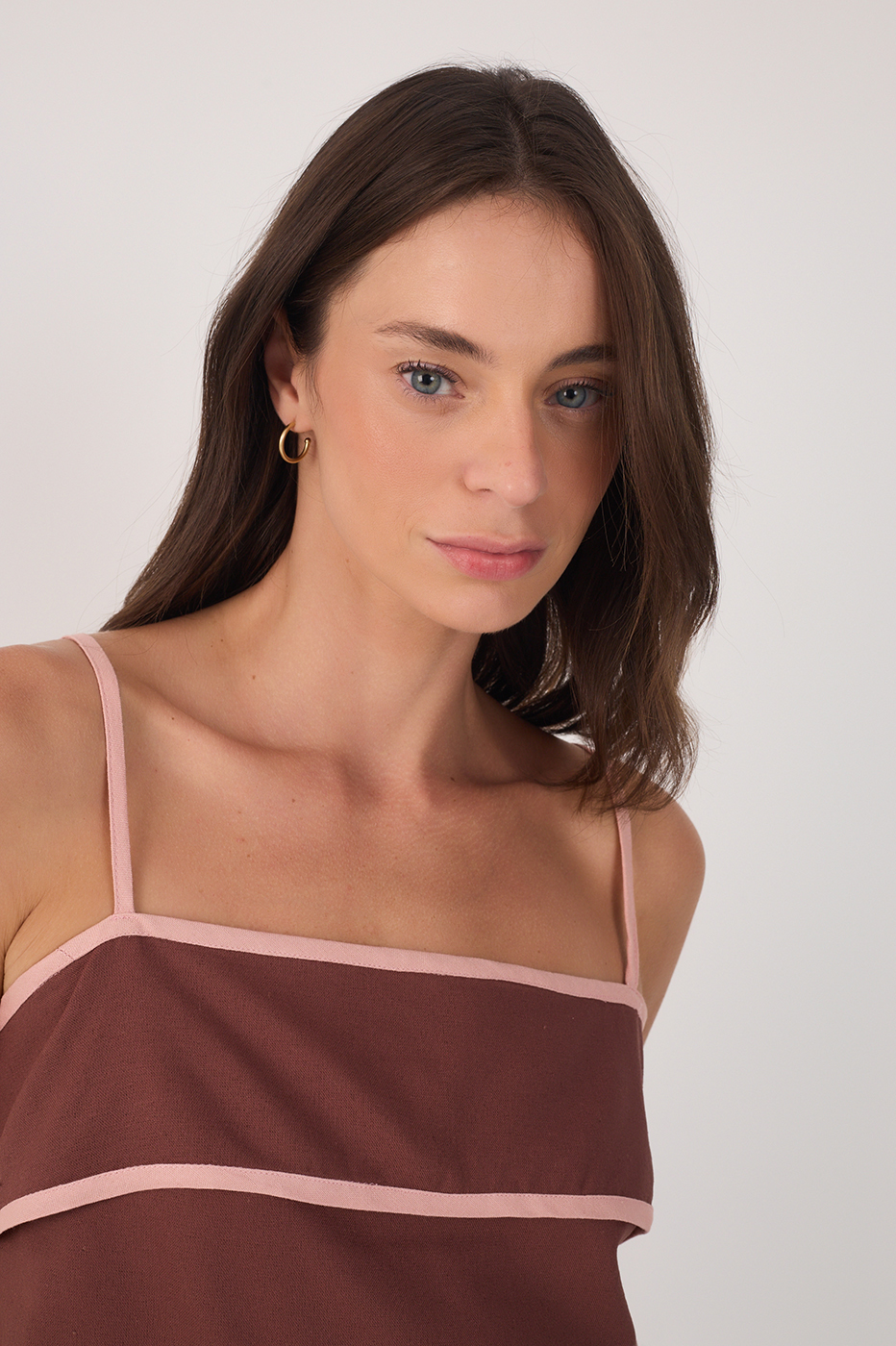 Brown Square Neck Back Button Crop Top