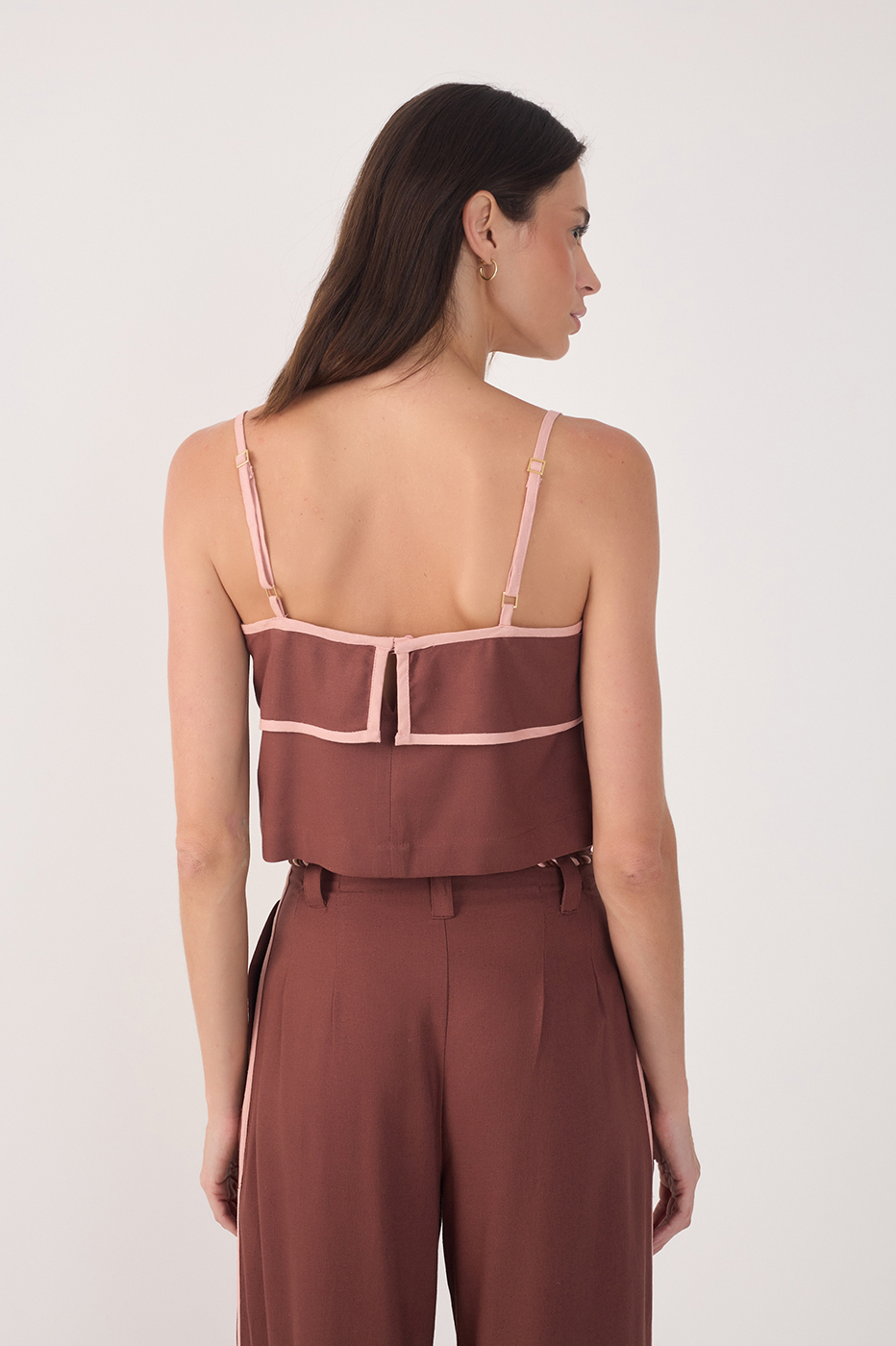 Brown Square Neck Back Button Crop Top