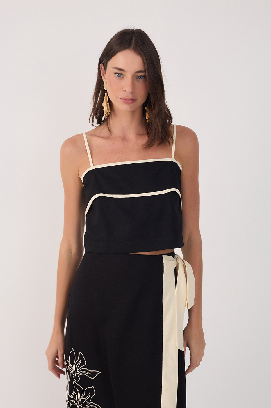 Black Square Neck Back Button Crop Top