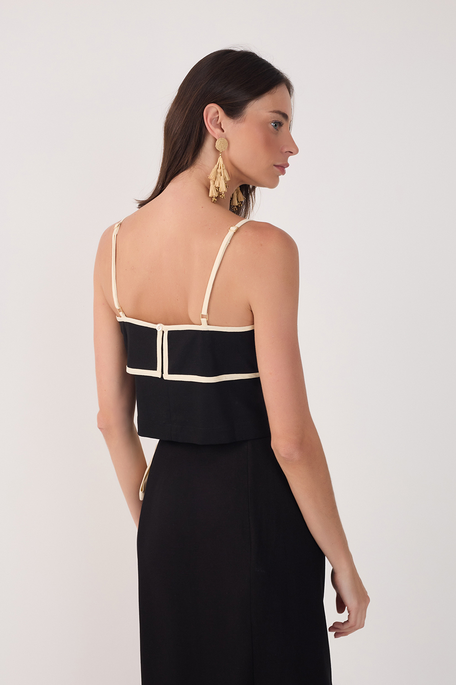 Black Square Neck Back Button Crop Top