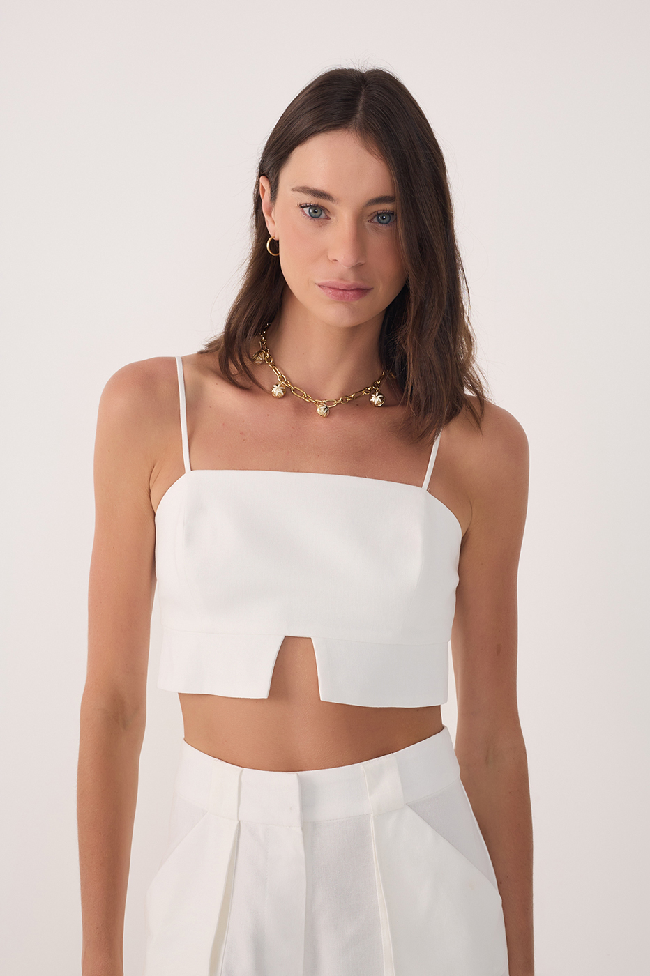 Off White Linen Cut Out Hem Top