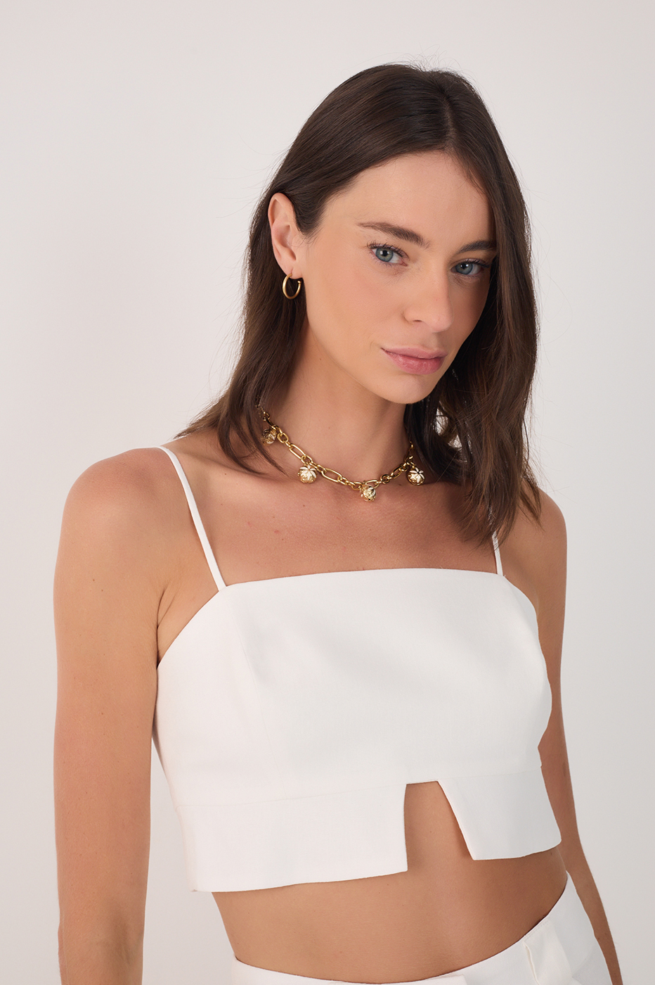 Off White Linen Cut Out Hem Top