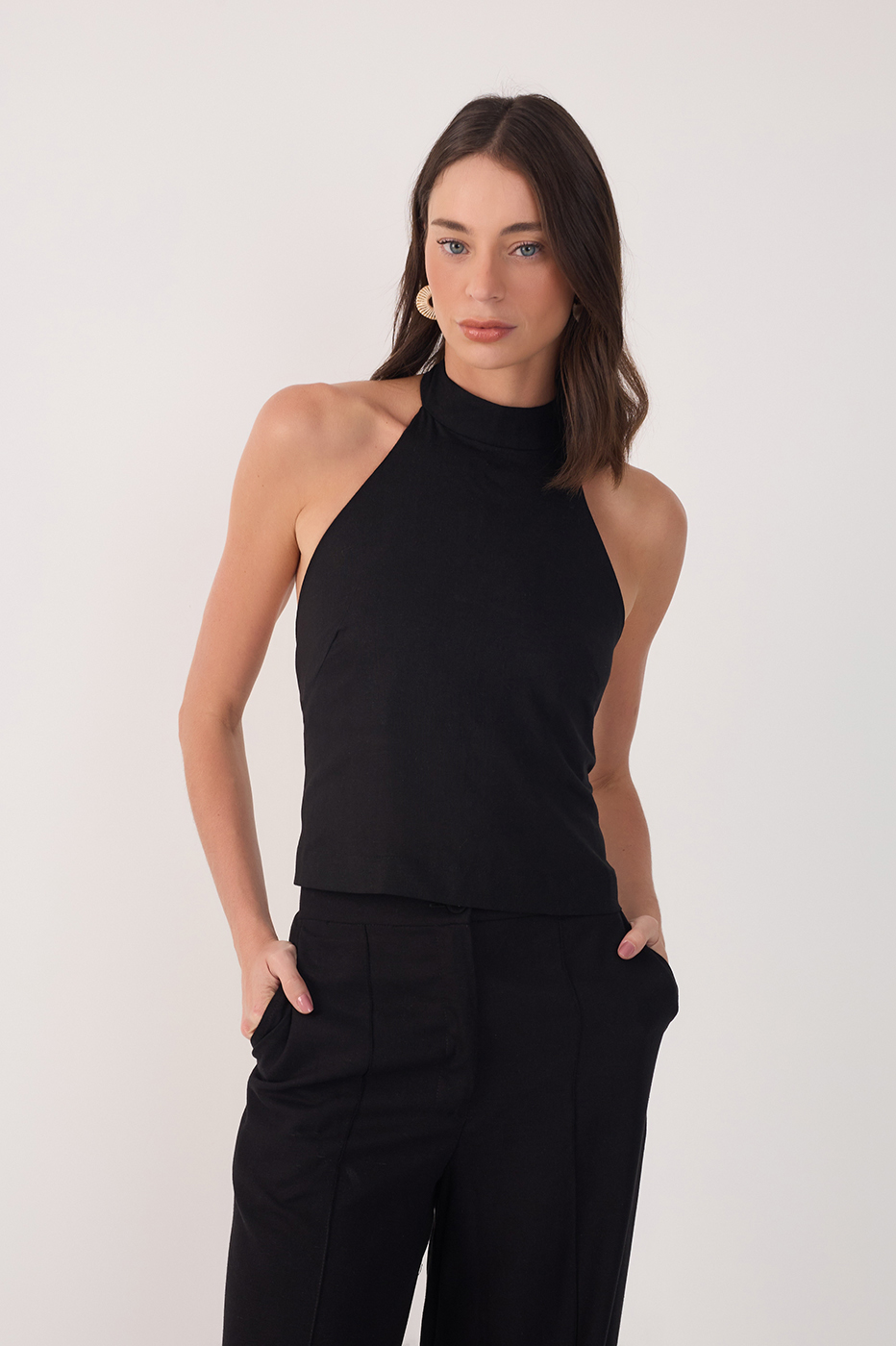 Black Linen Halter Neck Top