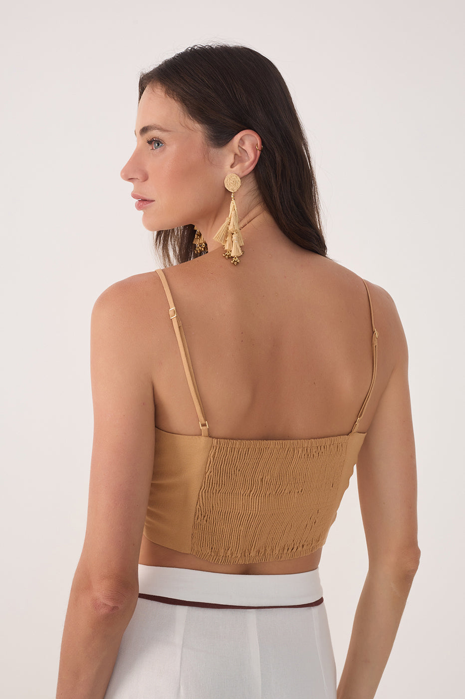 Beige V Neck Detail Cut-Out Crop Top