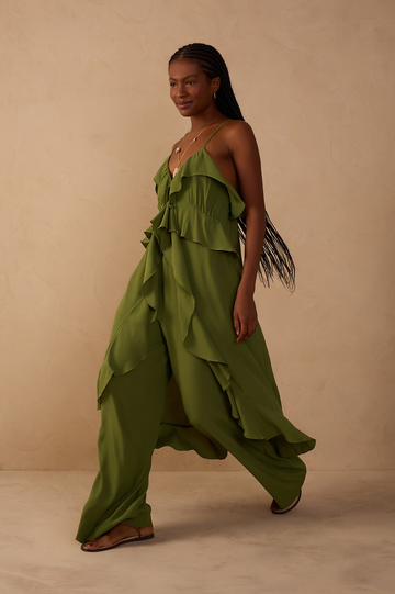 Green Coco Sleeveless Ruffled Crepe Tunic