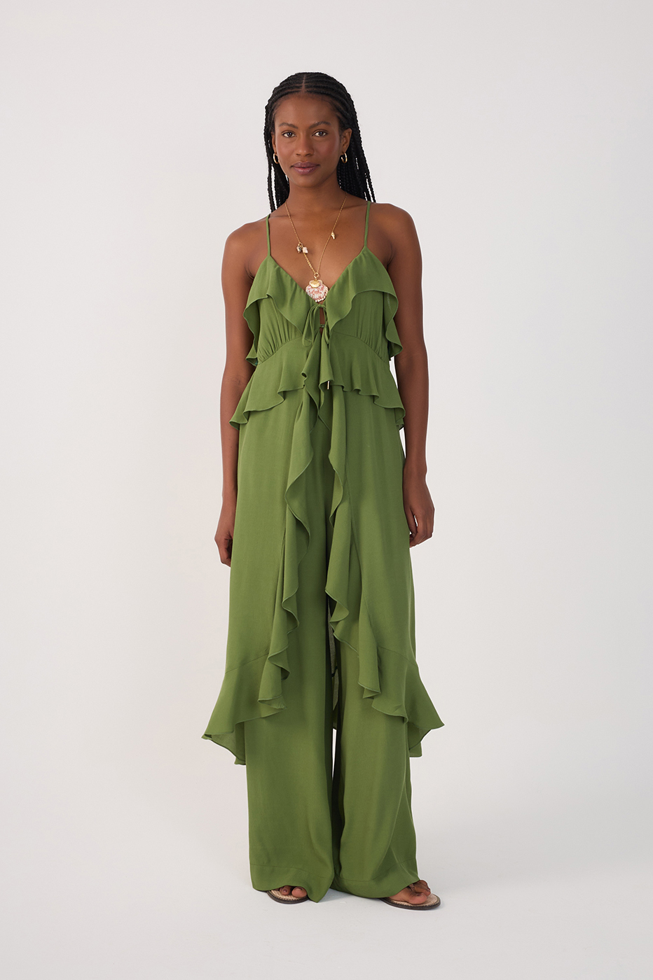 Green Coco Sleeveless Ruffled Crepe Tunic