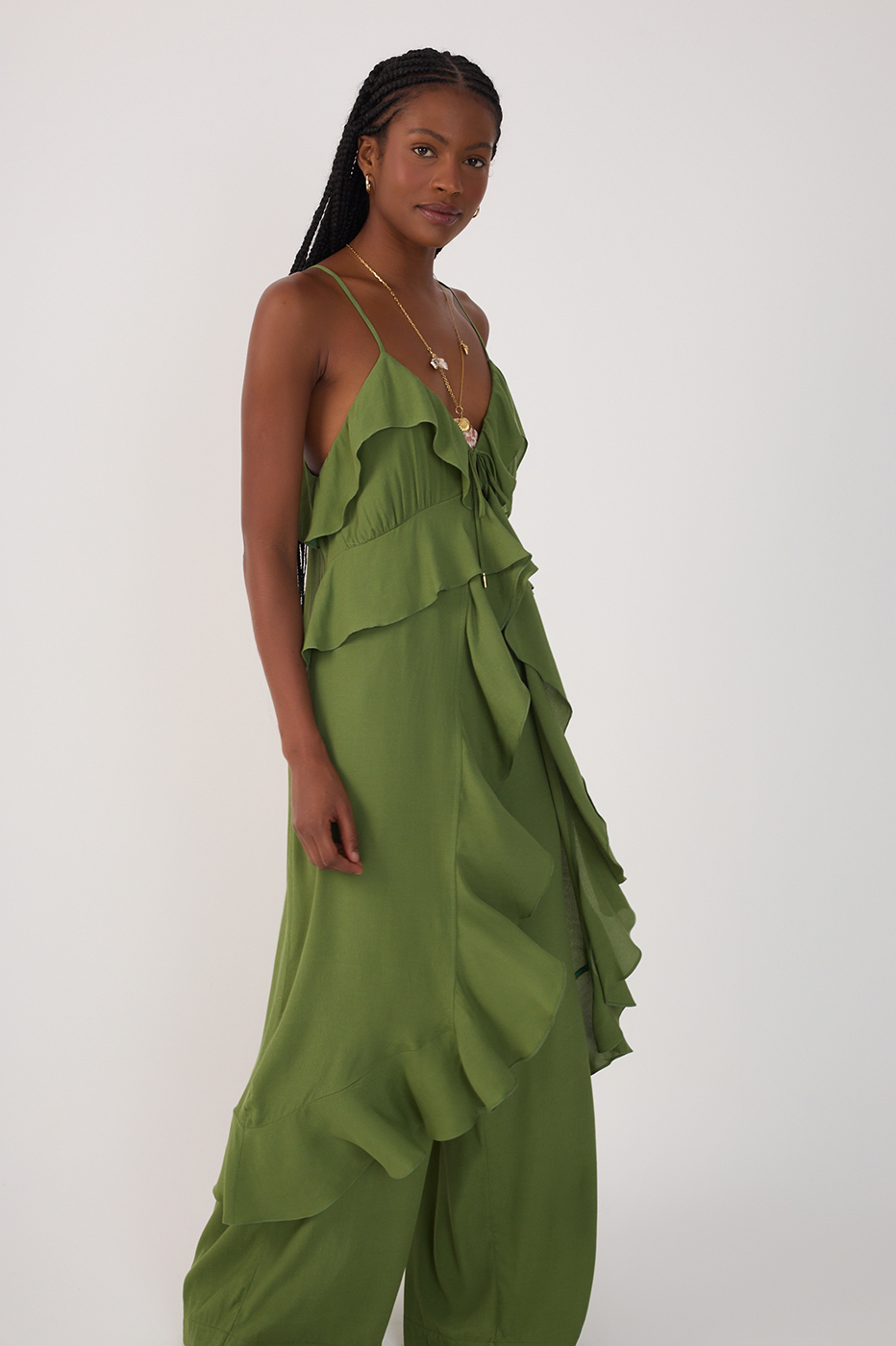 Green Coco Sleeveless Ruffled Crepe Tunic