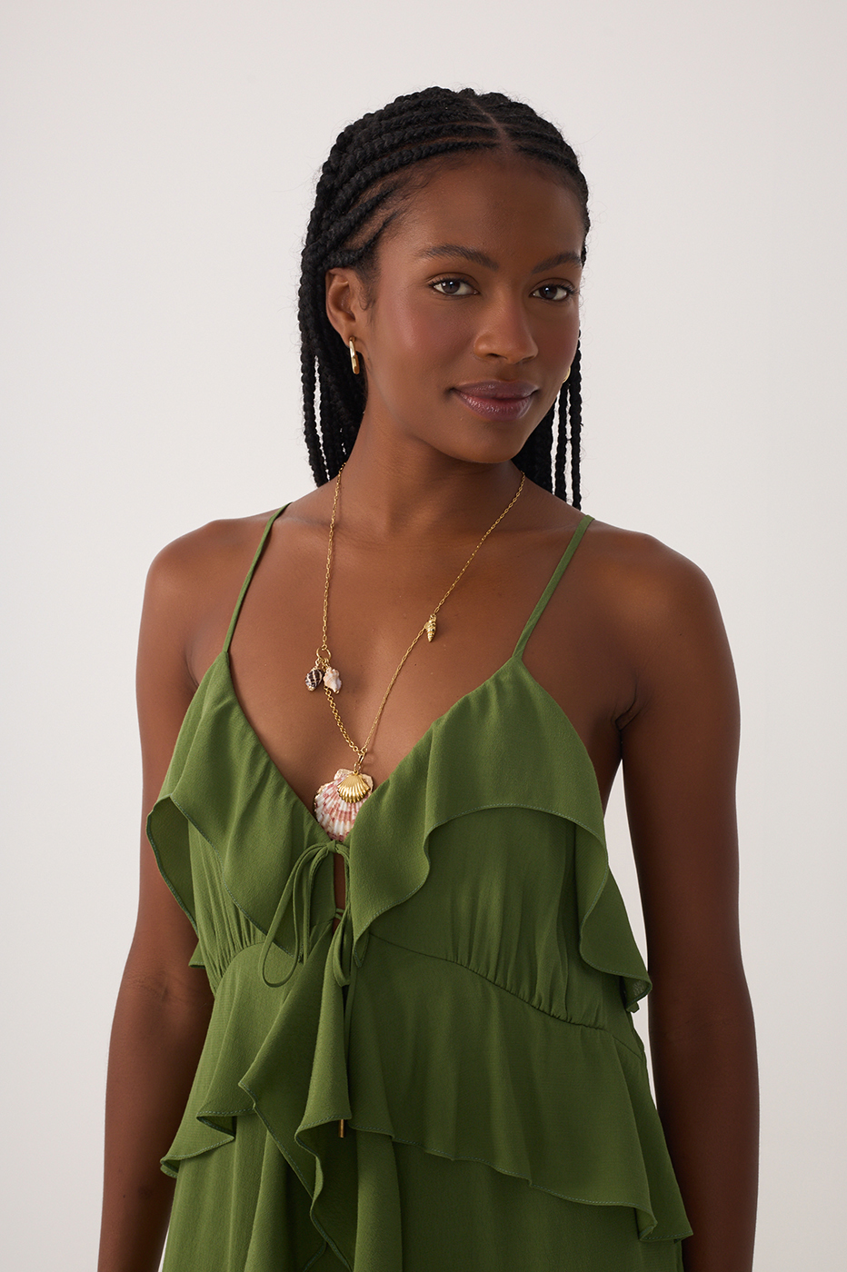 Green Coco Sleeveless Ruffled Crepe Tunic