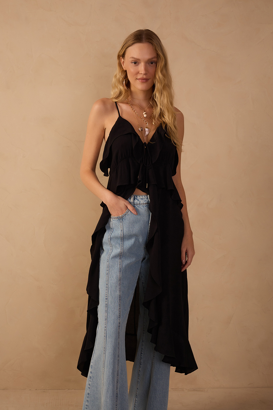 Black Coco Sleeveless Ruffled Crepe Tunic