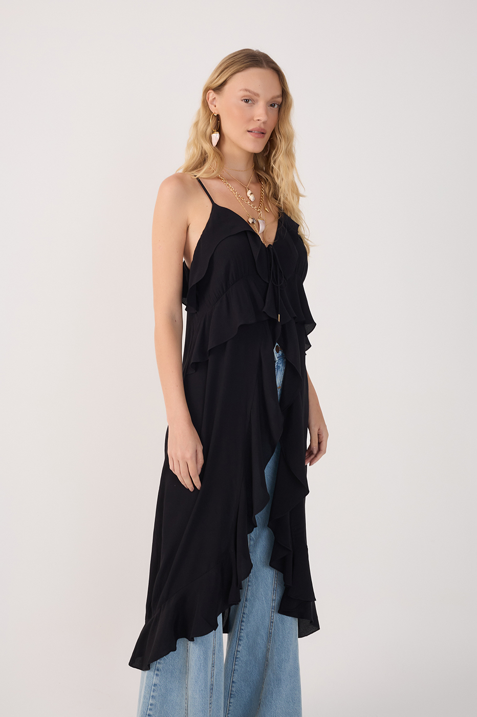 Black Coco Sleeveless Ruffled Crepe Tunic