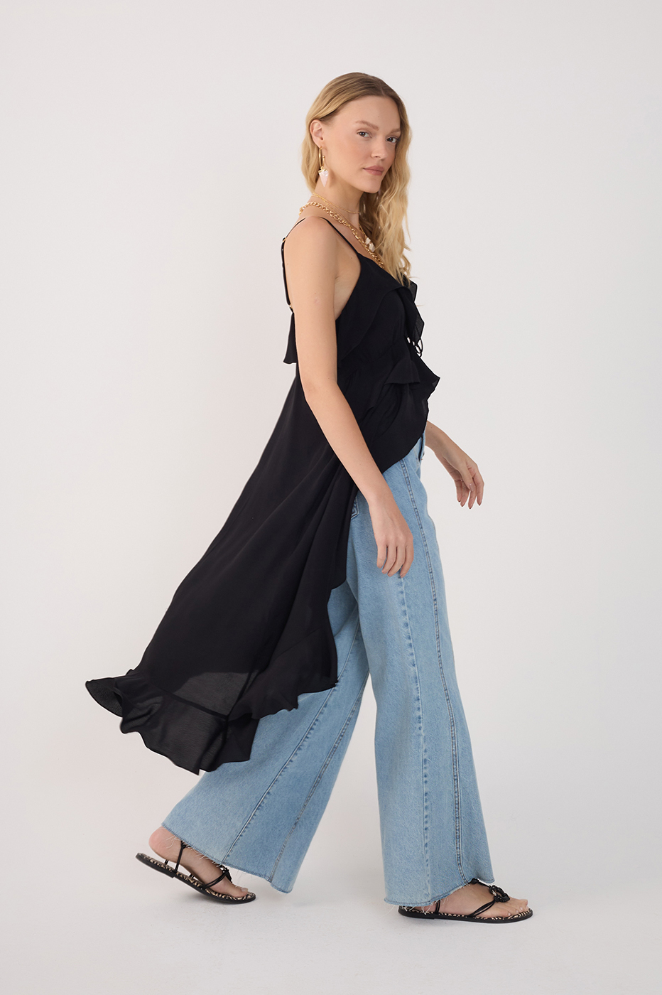 Black Coco Sleeveless Ruffled Crepe Tunic