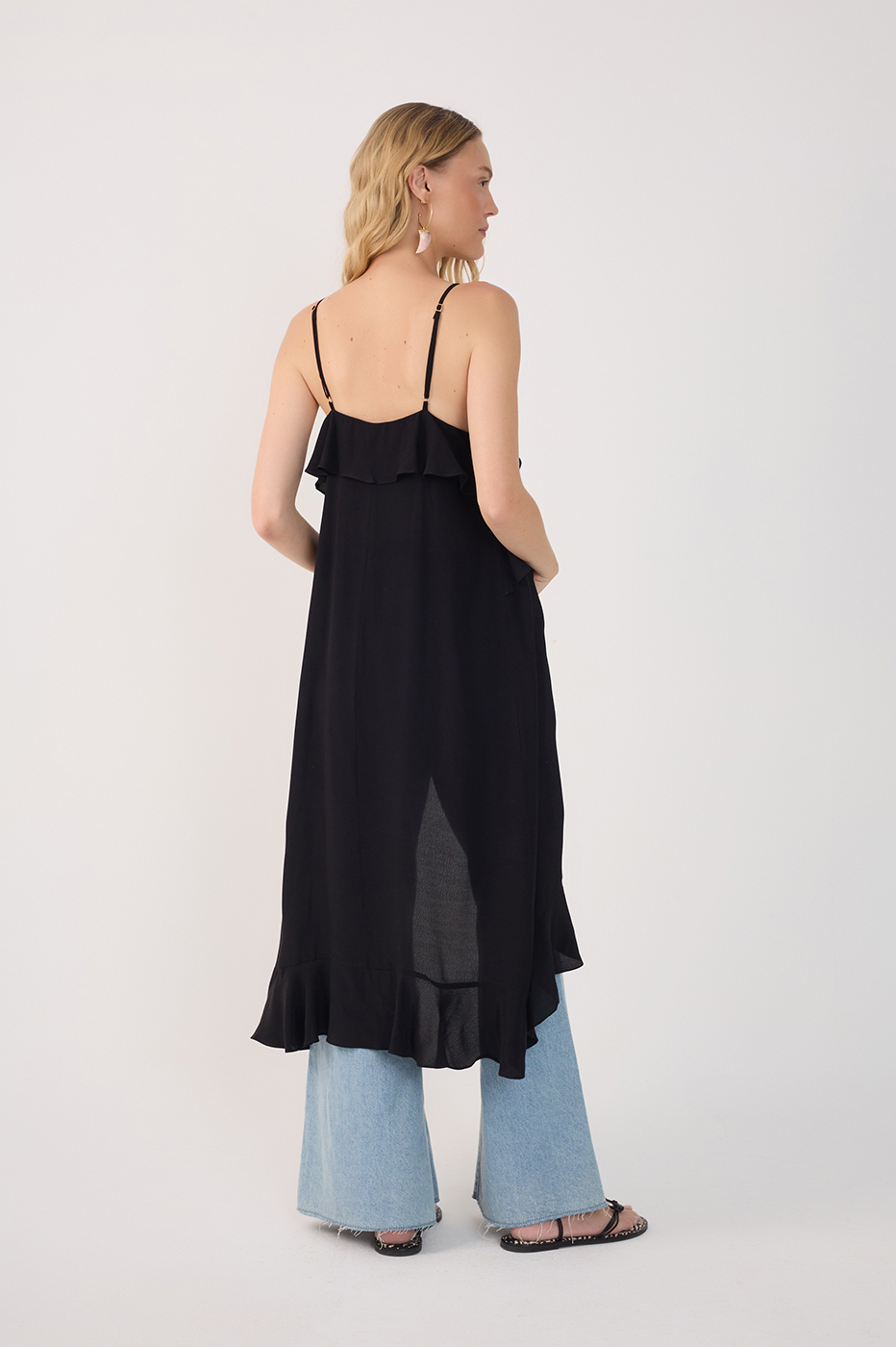 Black Coco Sleeveless Ruffled Crepe Tunic