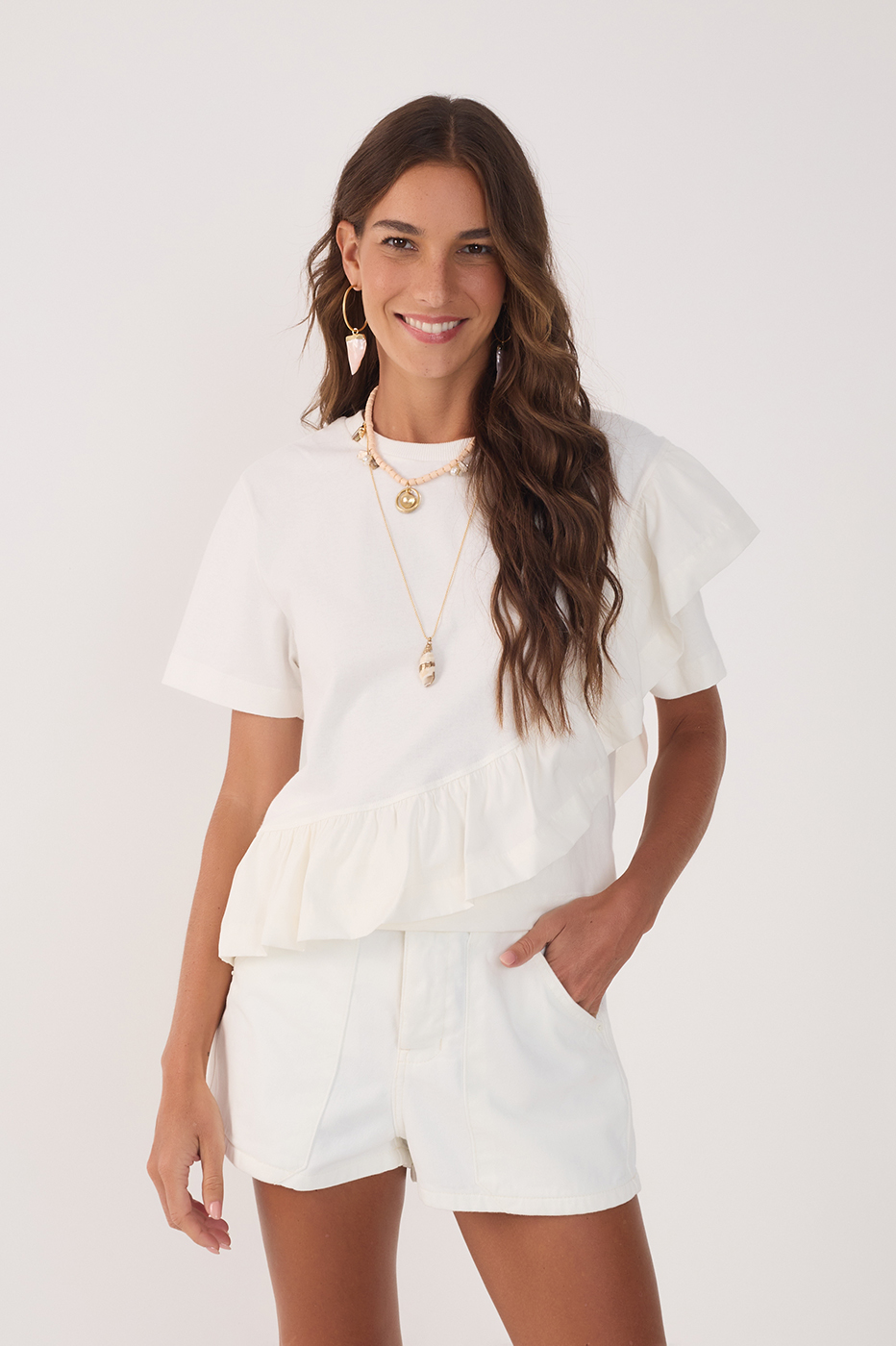 Off-White Crew Neck Short Sleeve Ruffled Blouse