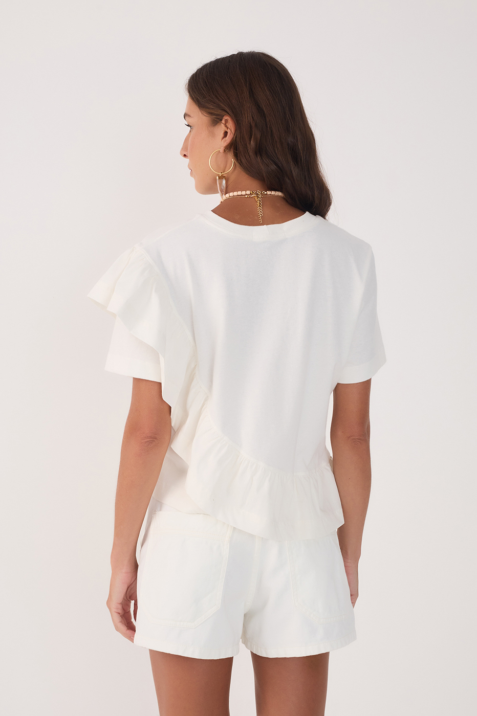 Off-White Crew Neck Short Sleeve Ruffled Blouse