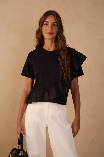 Black Fabric Ruffle Blouse