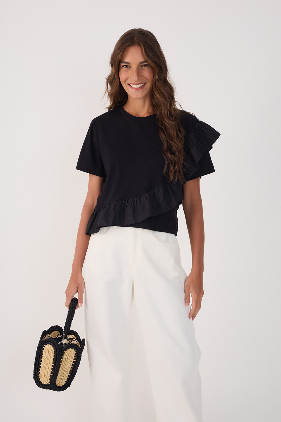 Black Fabric Ruffle Blouse