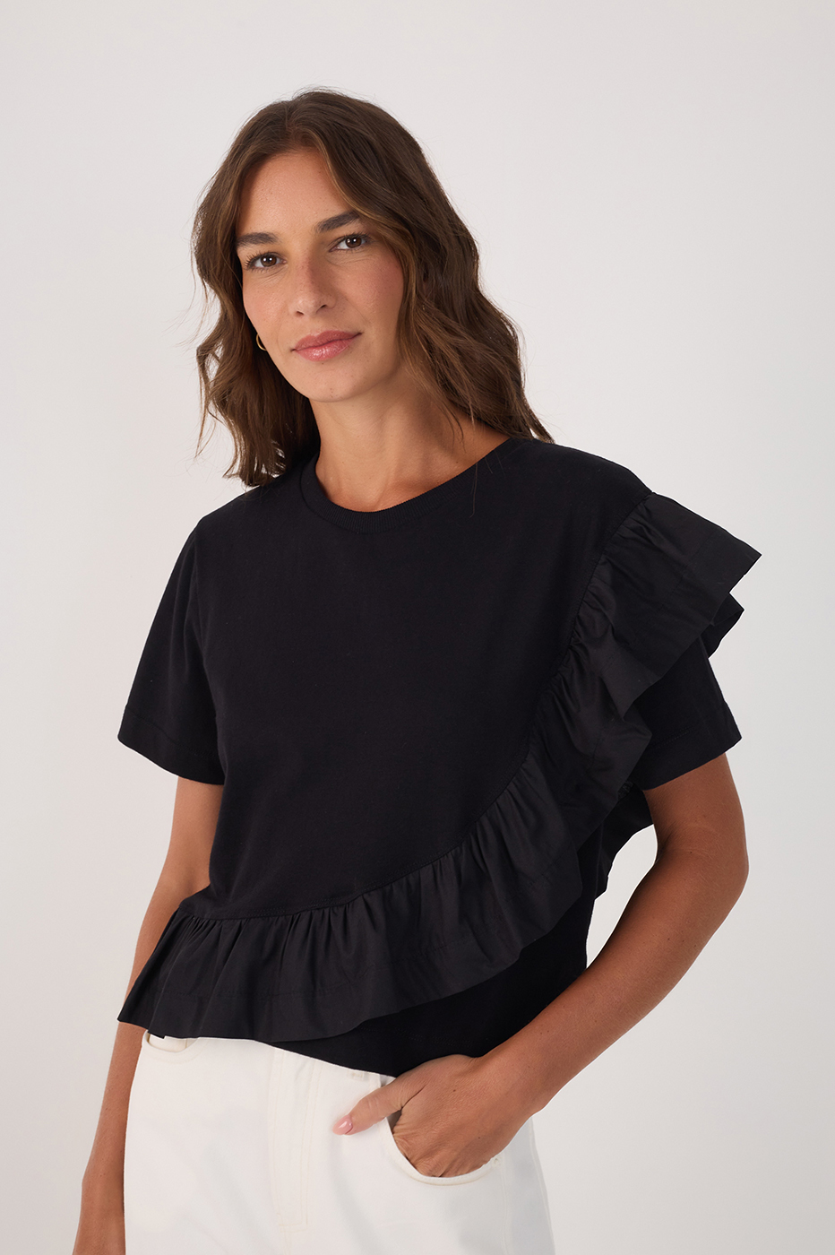 Black Fabric Ruffle Blouse