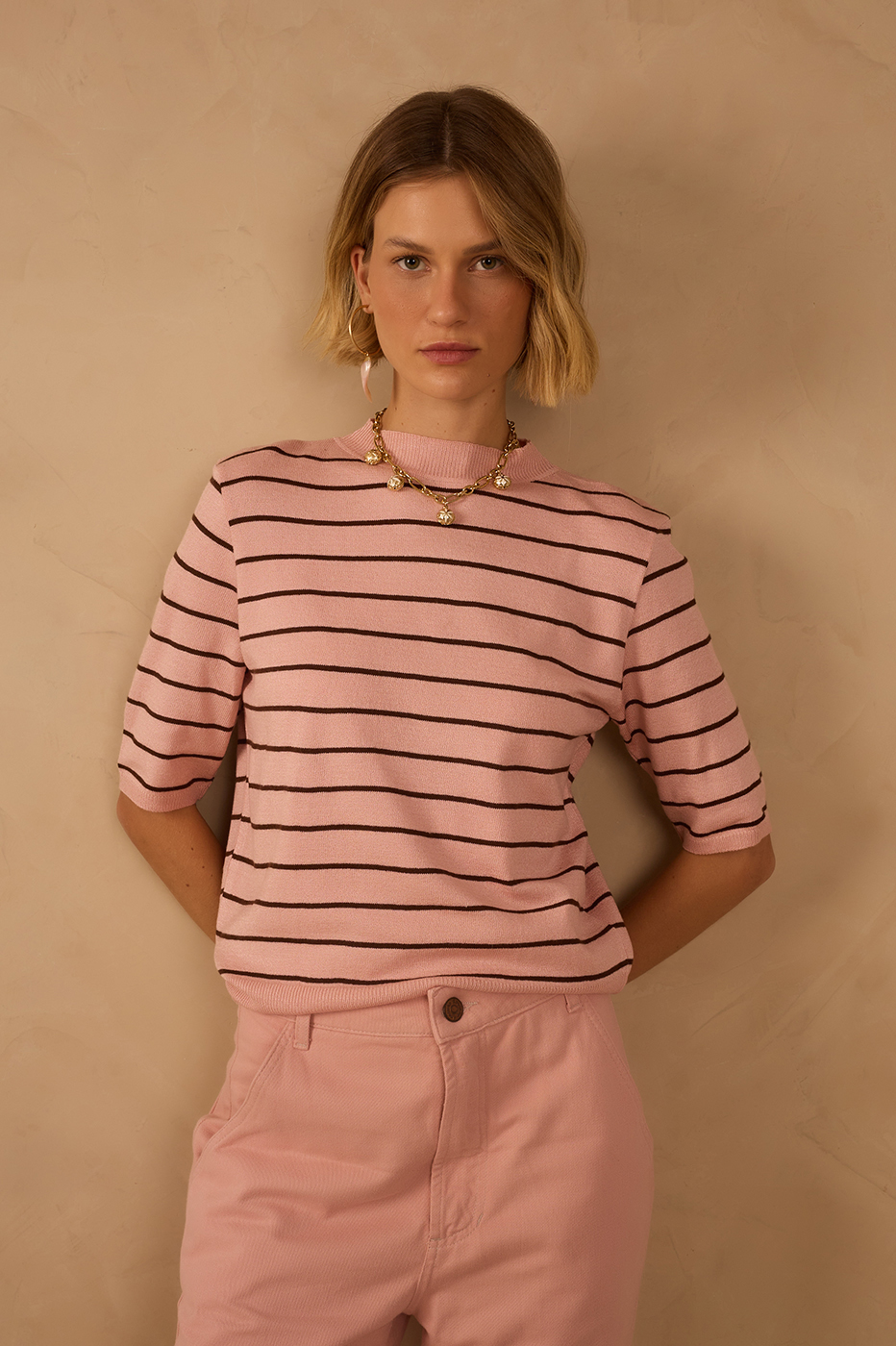 Pink Brisa Crew Neck Short Sleeve Tricot Blouse