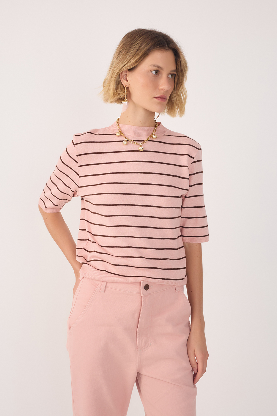 Pink Brisa Crew Neck Short Sleeve Tricot Blouse