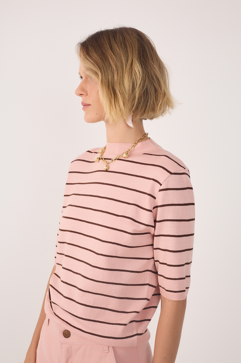 Pink Brisa Crew Neck Short Sleeve Tricot Blouse