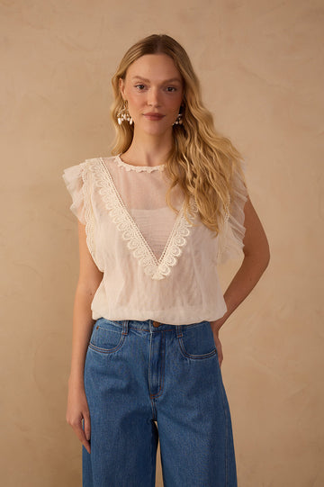 Off-White Crew Neck Lace Tulle Blouse