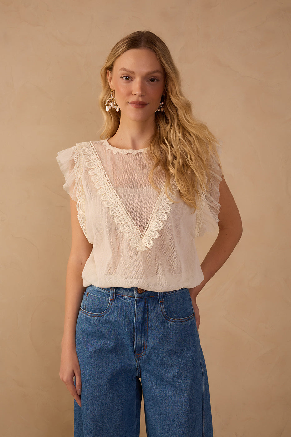 Off-White Crew Neck Lace Tulle Blouse