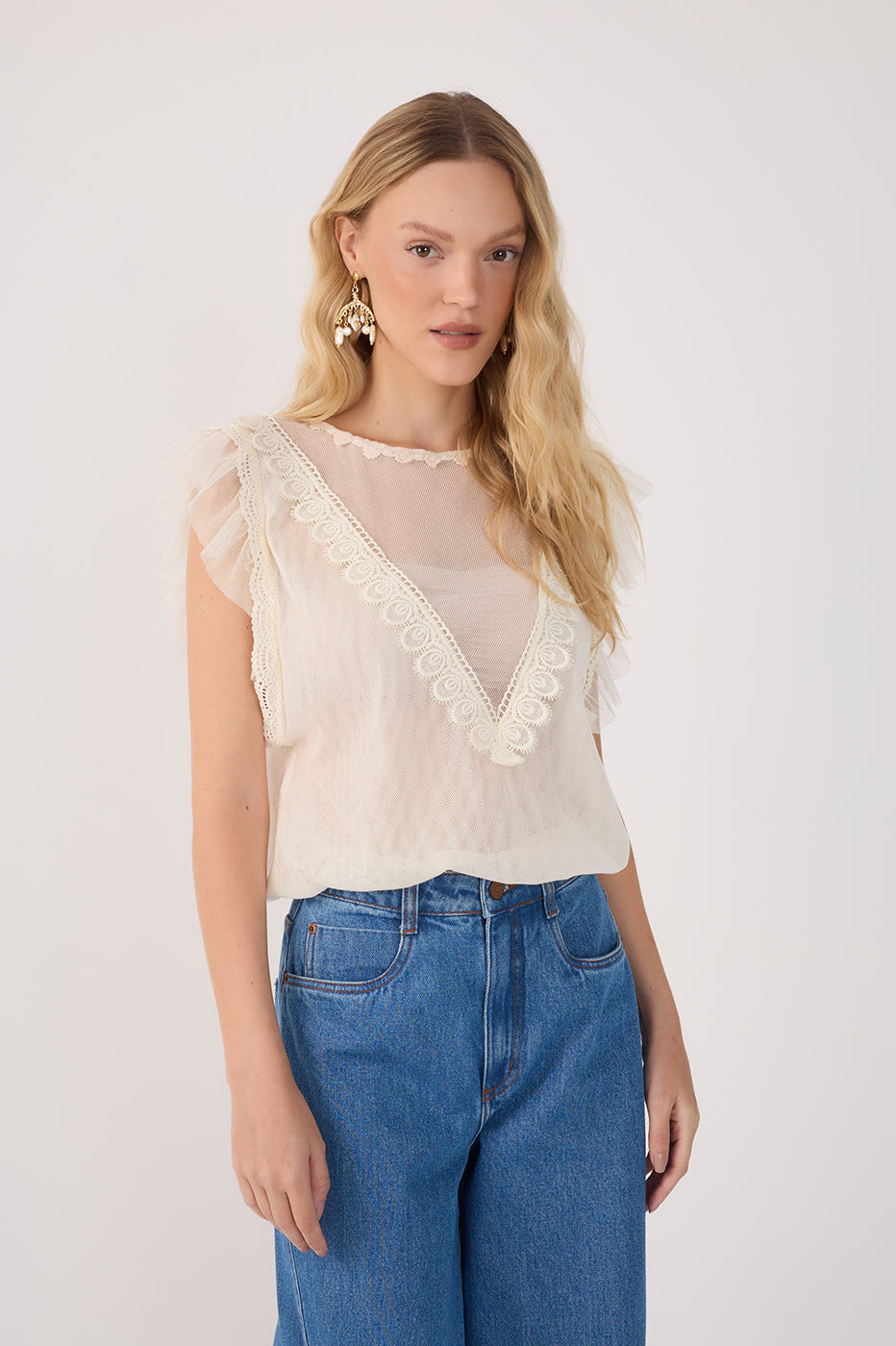 Off-White Crew Neck Lace Tulle Blouse