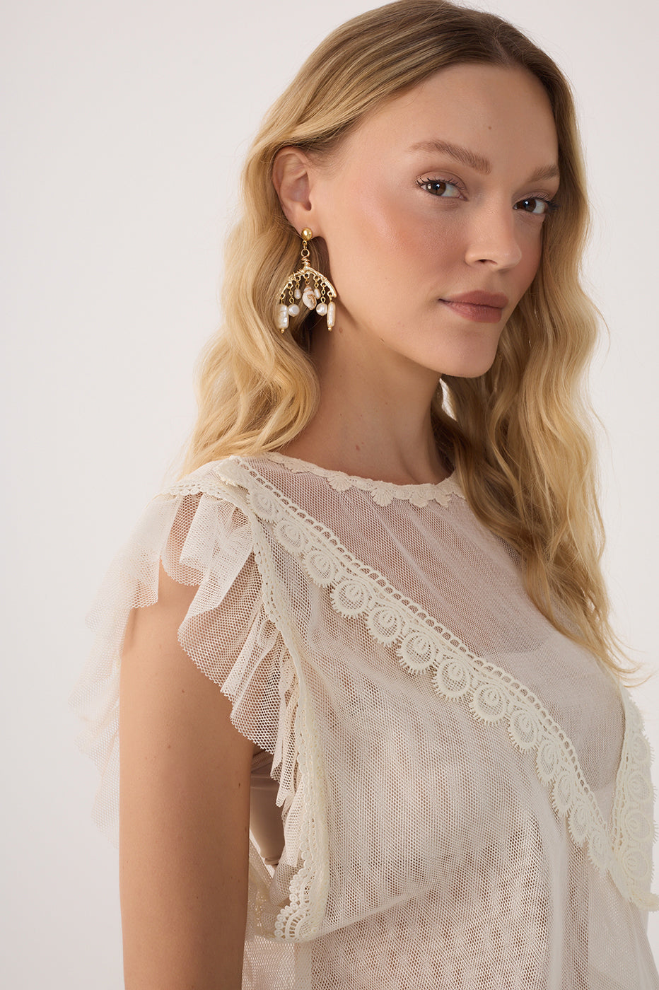 Off-White Crew Neck Lace Tulle Blouse