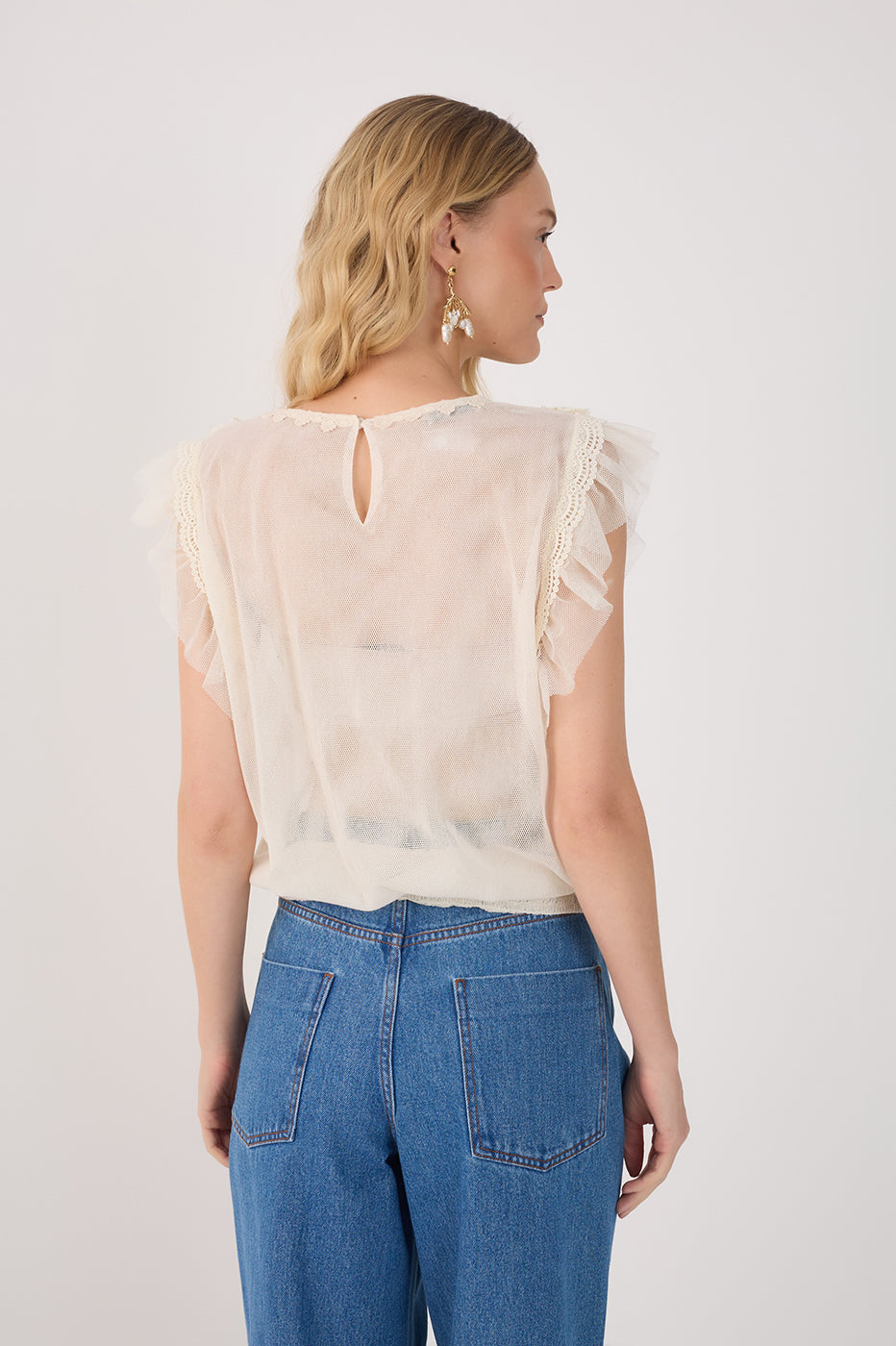 Off-White Crew Neck Lace Tulle Blouse