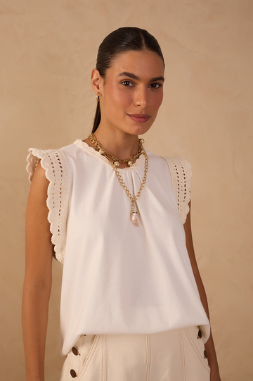 Off-White Sleeveless Crochet Blouse