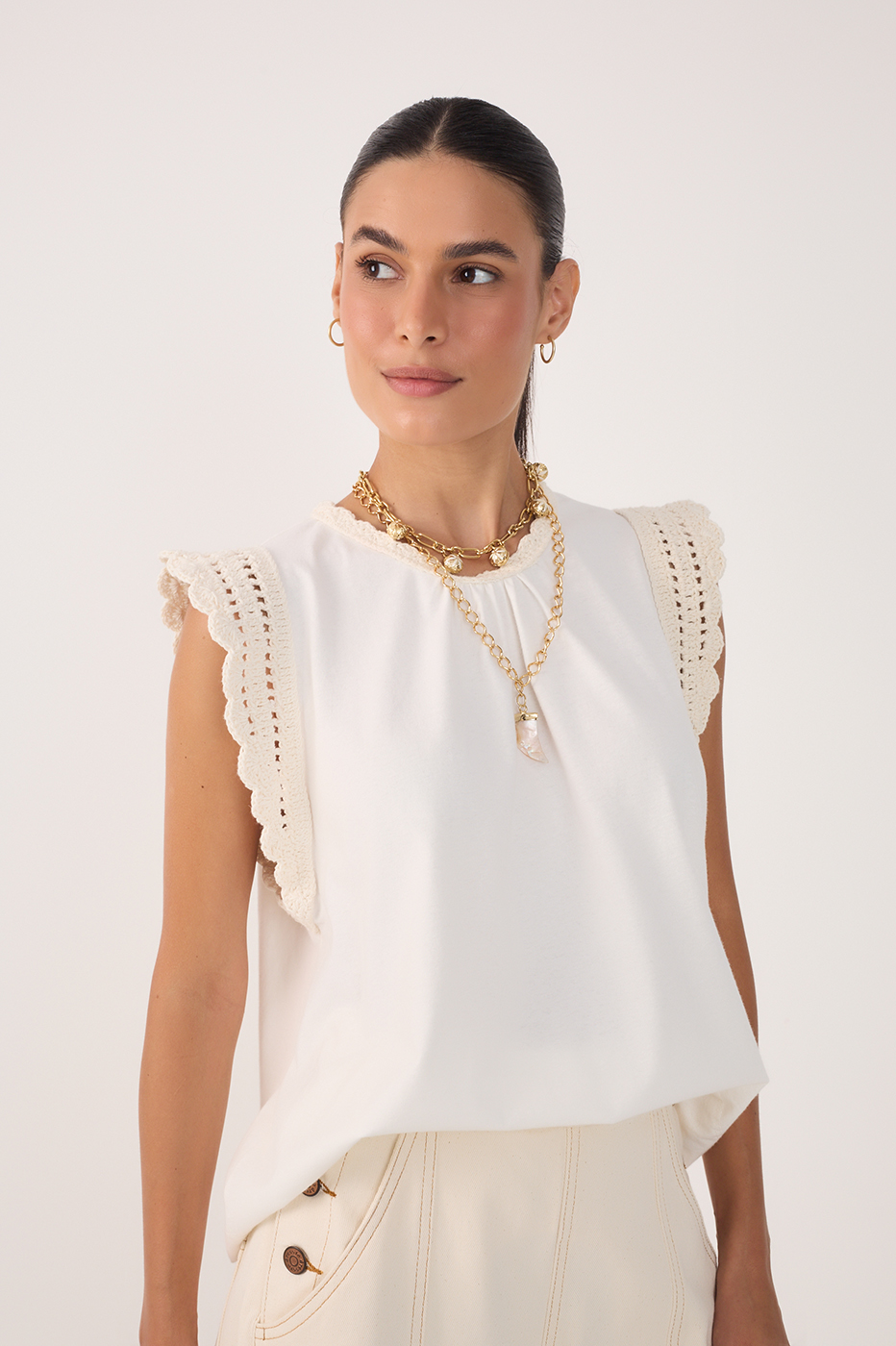 Off-White Sleeveless Crochet Blouse