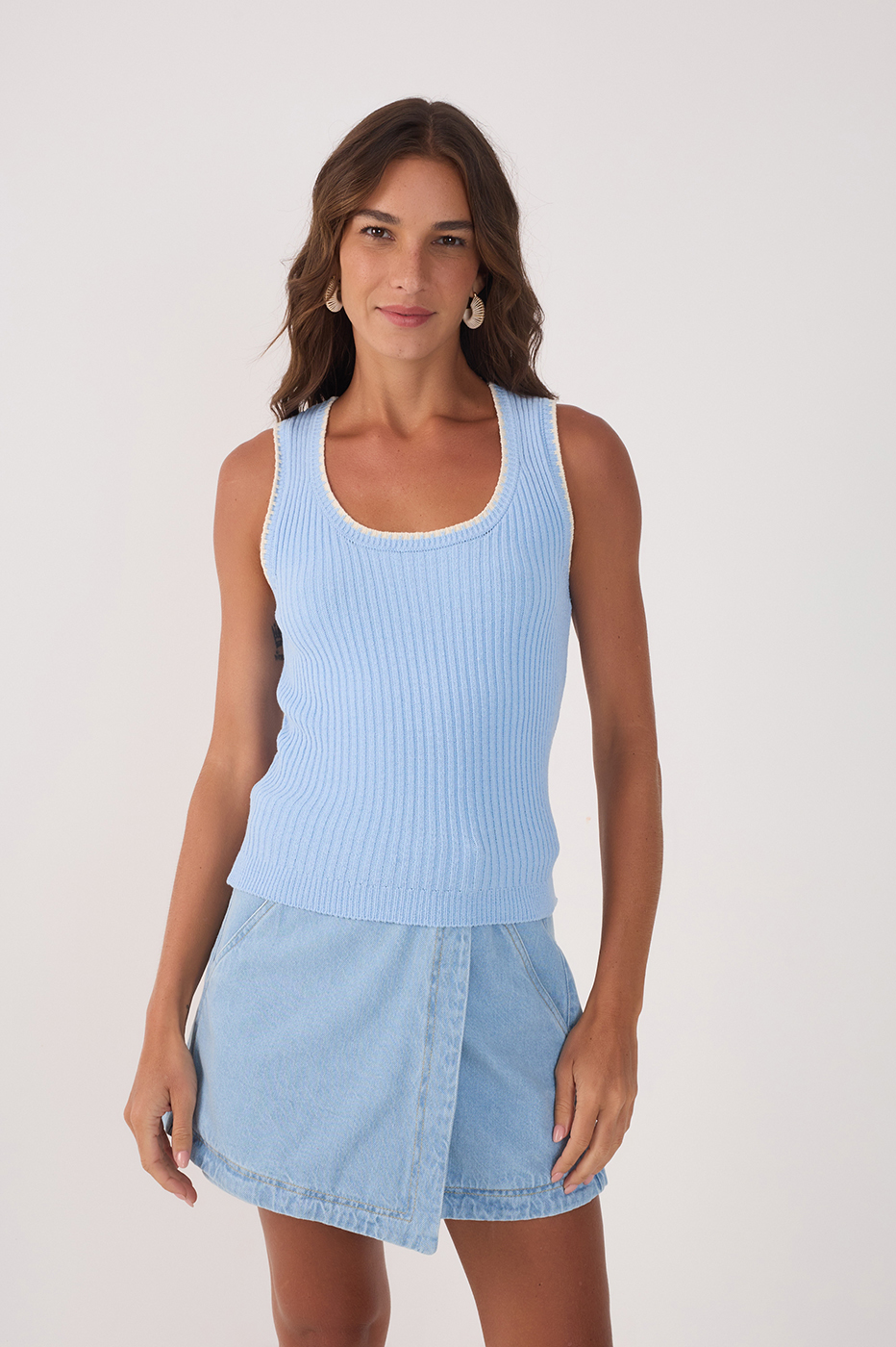 Knit Neckline Embroidered Top