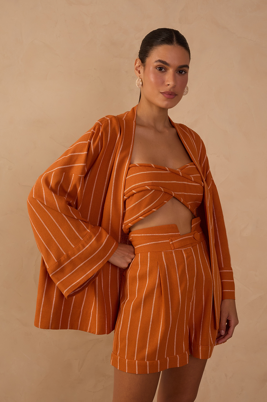 Ochre Striped Smocked Linen Crop Top