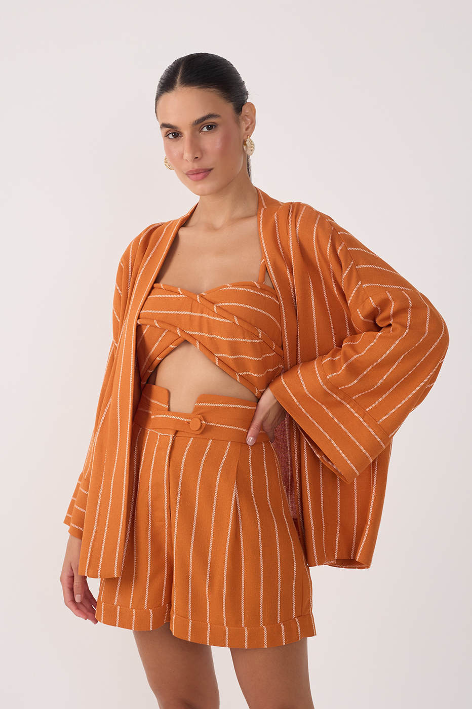 Ochre Striped Smocked Linen Crop Top